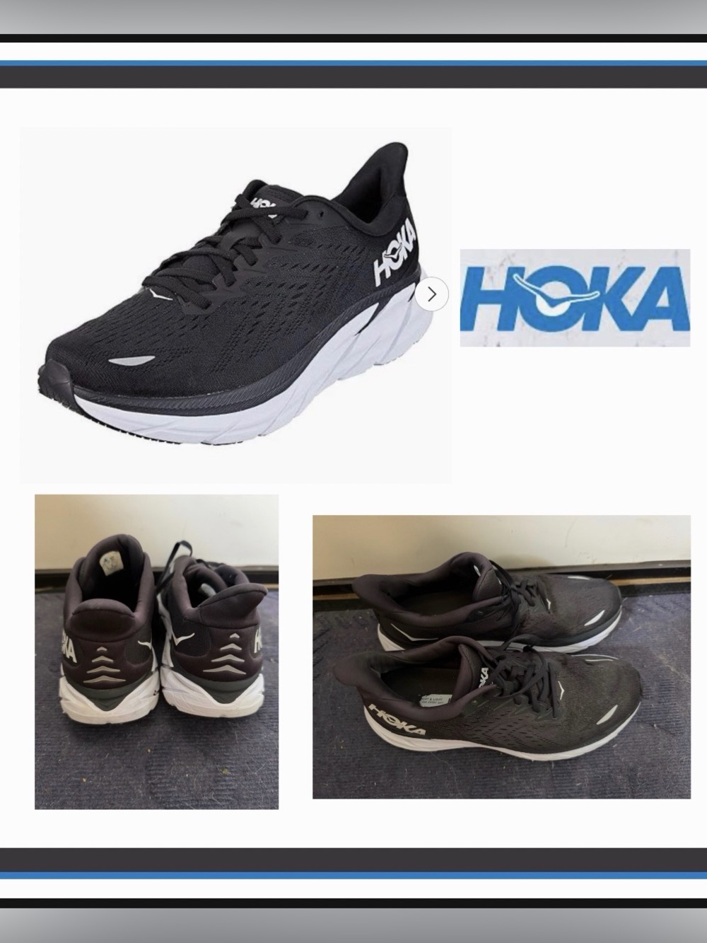 Hoka Clifton 8 Black and White Running Sneakers size 10.5